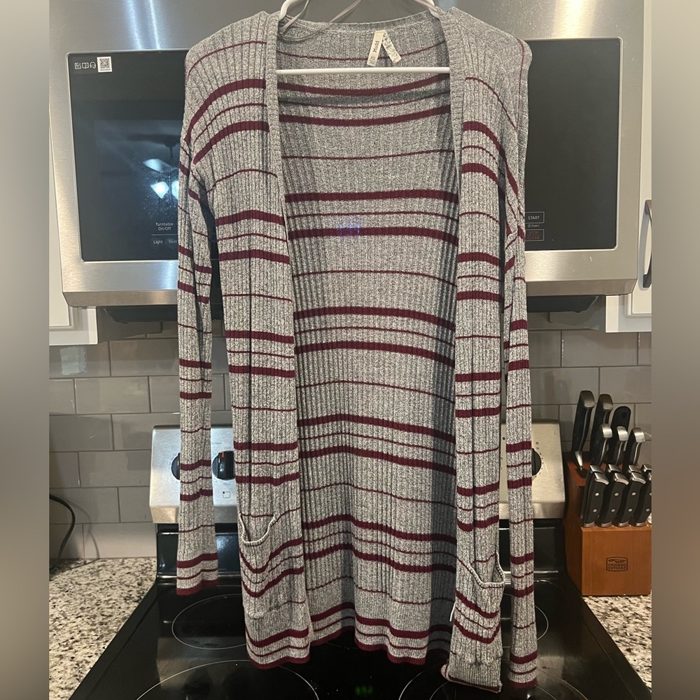 Mudd Gray and Red Striped Cardigan